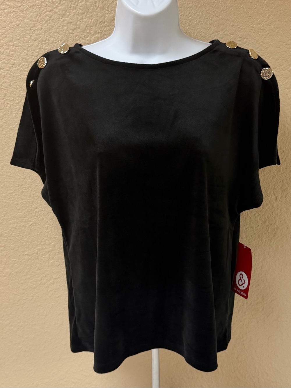 4/$20 89th & Madison Black Short-Sleeve Top with Gold Shoulder Buttons